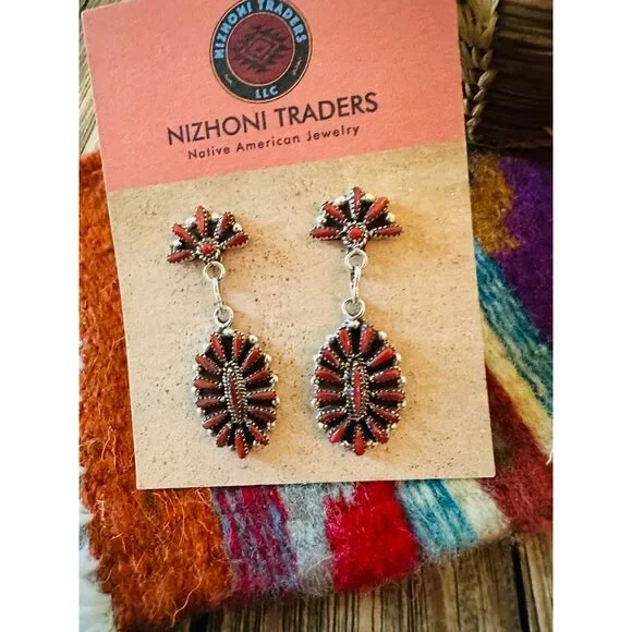 Handcrafted Coral & Sterling Silver Cluster Dangle Earrings